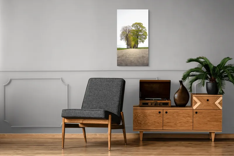 Tablou Canvas, "Drumul prin șirul de copaci verzi", Drum, Aliniament, Copaci, Verdeață, Cer, Primăvară, Perspectivă, Natural., 50 x 90 cm – poza 8