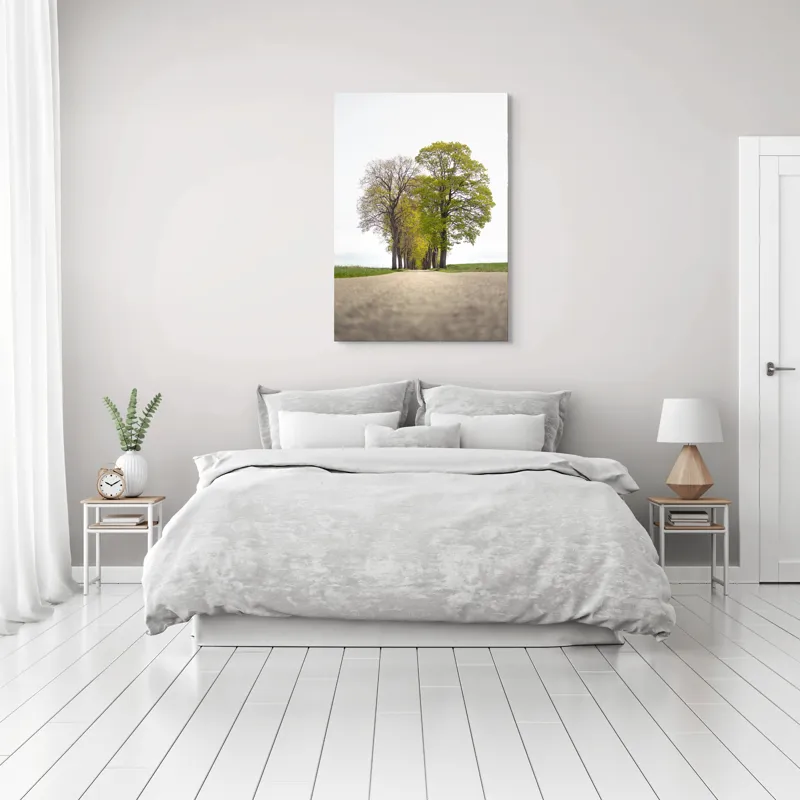 Tablou Canvas, "Drumul prin șirul de copaci verzi", Drum, Aliniament, Copaci, Verdeață, Cer, Primăvară, Perspectivă, Natural., 70 x 100 cm – poza 3