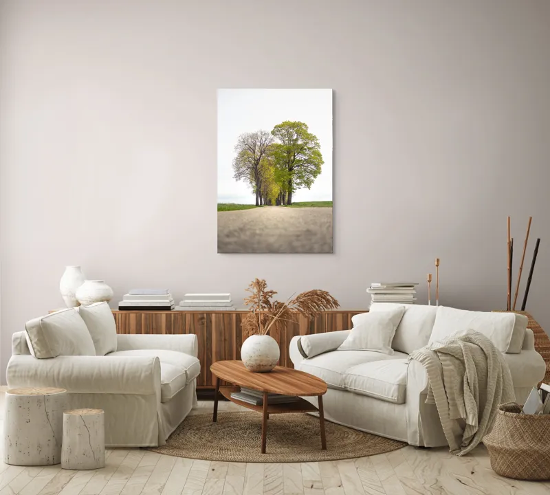 Tablou Canvas, "Drumul prin șirul de copaci verzi", Drum, Aliniament, Copaci, Verdeață, Cer, Primăvară, Perspectivă, Natural., 70 x 100 cm – poza 4