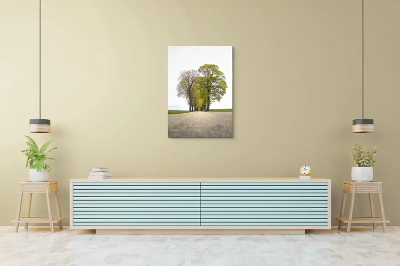 Tablou Canvas, "Drumul prin șirul de copaci verzi", Drum, Aliniament, Copaci, Verdeață, Cer, Primăvară, Perspectivă, Natural., 70 x 100 cm – poza 5