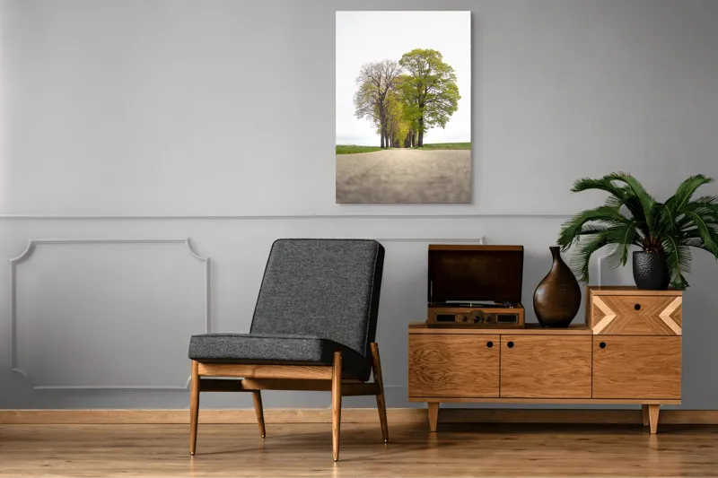 Tablou Canvas, "Drumul prin șirul de copaci verzi", Drum, Aliniament, Copaci, Verdeață, Cer, Primăvară, Perspectivă, Natural., 70 x 100 cm – poza 6
