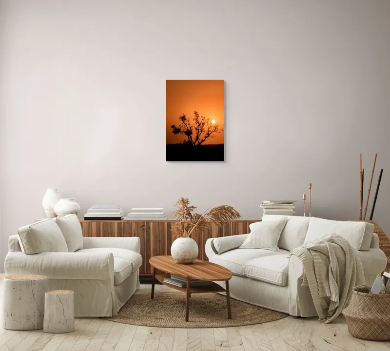 Tablou Canvas, "Apus de soare printre crengi uscate", Apus, Siluetă, Copac, Cer, Portocaliu, Natură, Contrast, Lumină, Ramuri, Silențiu., 50 x 70 cm – poza 4