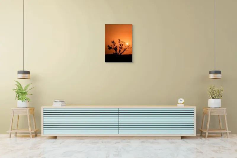 Tablou Canvas, "Apus de soare printre crengi uscate", Apus, Siluetă, Copac, Cer, Portocaliu, Natură, Contrast, Lumină, Ramuri, Silențiu., 50 x 70 cm – poza 6
