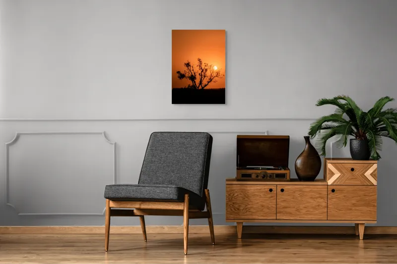 Tablou Canvas, "Apus de soare printre crengi uscate", Apus, Siluetă, Copac, Cer, Portocaliu, Natură, Contrast, Lumină, Ramuri, Silențiu., 50 x 70 cm – poza 8