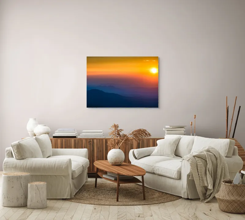Tablou Canvas, "Răsărit mistic peste munți întunecați", Apus, Siluetă, Orizont, Lumină, Panoramă, Culori, Cer, Umbre, Natură, Vârtej., 100 x 70 cm – poza 3