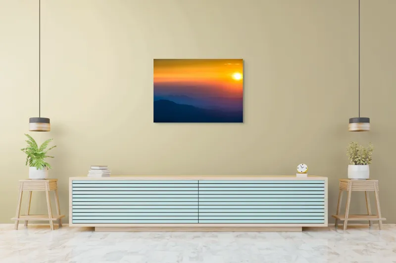 Tablou Canvas, "Răsărit mistic peste munți întunecați", Apus, Siluetă, Orizont, Lumină, Panoramă, Culori, Cer, Umbre, Natură, Vârtej., 100 x 70 cm – poza 4