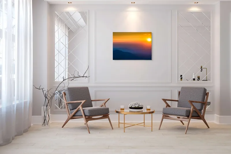 Tablou Canvas, "Răsărit mistic peste munți întunecați", Apus, Siluetă, Orizont, Lumină, Panoramă, Culori, Cer, Umbre, Natură, Vârtej., 100 x 70 cm – poza 5