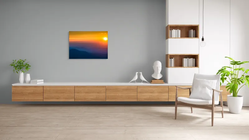 Tablou Canvas, "Răsărit mistic peste munți întunecați", Apus, Siluetă, Orizont, Lumină, Panoramă, Culori, Cer, Umbre, Natură, Vârtej., 100 x 70 cm – poza 6