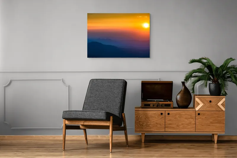Tablou Canvas, "Răsărit mistic peste munți întunecați", Apus, Siluetă, Orizont, Lumină, Panoramă, Culori, Cer, Umbre, Natură, Vârtej., 100 x 70 cm – poza 8