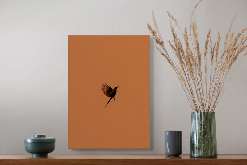 Tablou Canvas, "Pasărea în amurgul cerului roșu", Pasăre, Zbor, Cer, Siluetă, Apus, Libertate, Aripi, Frumusețe, 39 x 54 cm – poza 3
