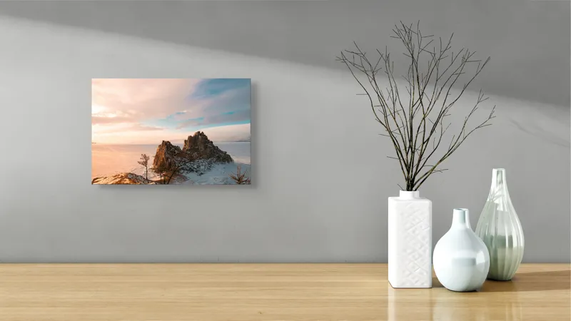 Tablou Canvas, "Piatră solitară pe lac înghețat", Cer, Apus, Rocă, Zăpadă, Arbore, Lumină, Orizont, Calm, Iarnă, Peisaj, 39 x 26 cm – poza 8