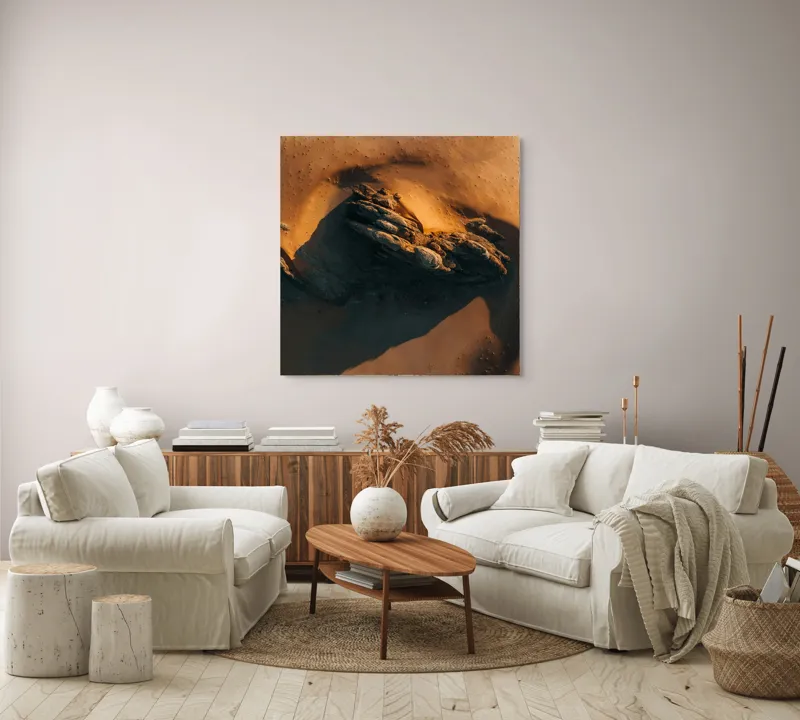 Tablou Canvas, "Misterul stâncii în deșertul auriu", Culoare, Textură, Umbre, Roci, Peisaj, Contrast, Abstract, Natură, 100 x 100 cm – poza 3