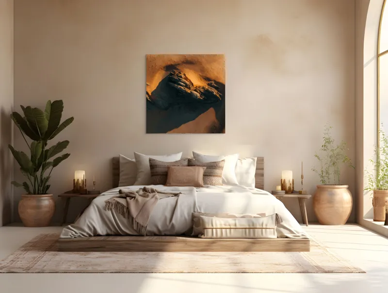 Tablou Canvas, "Misterul stâncii în deșertul auriu", Culoare, Textură, Umbre, Roci, Peisaj, Contrast, Abstract, Natură, 100 x 100 cm – poza 4