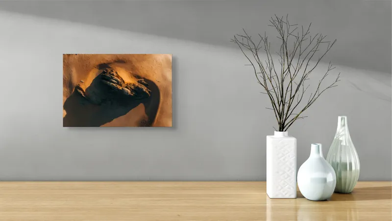 Tablou Canvas, "Misterul stâncii în deșertul auriu", Culoare, Textură, Umbre, Roci, Peisaj, Contrast, Abstract, Natură, 39 x 26 cm – poza 8