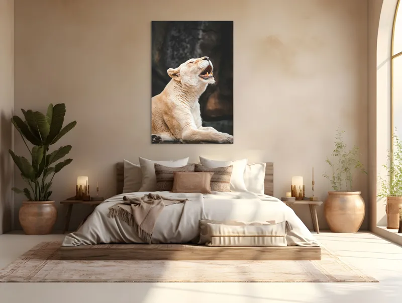 Tablou Canvas, "Leoaica răsunând în amurgul savanei", 100 x 150 cm – poza 3