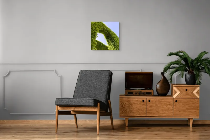 Tablou Canvas, "Arcadă de frunze spre cer senin", Verde, Arcadă, Cer, Frunziș, Natură, Lumină, Vară, 50 x 50 cm – poza 6