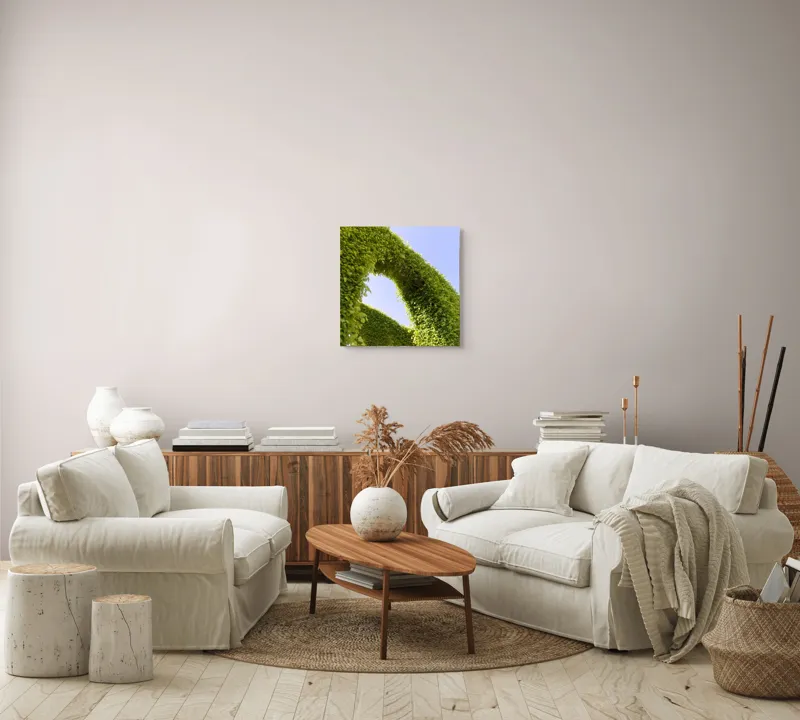 Tablou Canvas, "Arcadă de frunze spre cer senin", Verde, Arcadă, Cer, Frunziș, Natură, Lumină, Vară, 50 x 50 cm – poza 7