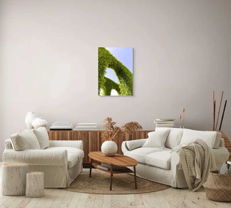 Tablou Canvas, "Arcadă de frunze spre cer senin", Verde, Arcadă, Cer, Frunziș, Natură, Lumină, Vară, 50 x 70 cm – poza 4