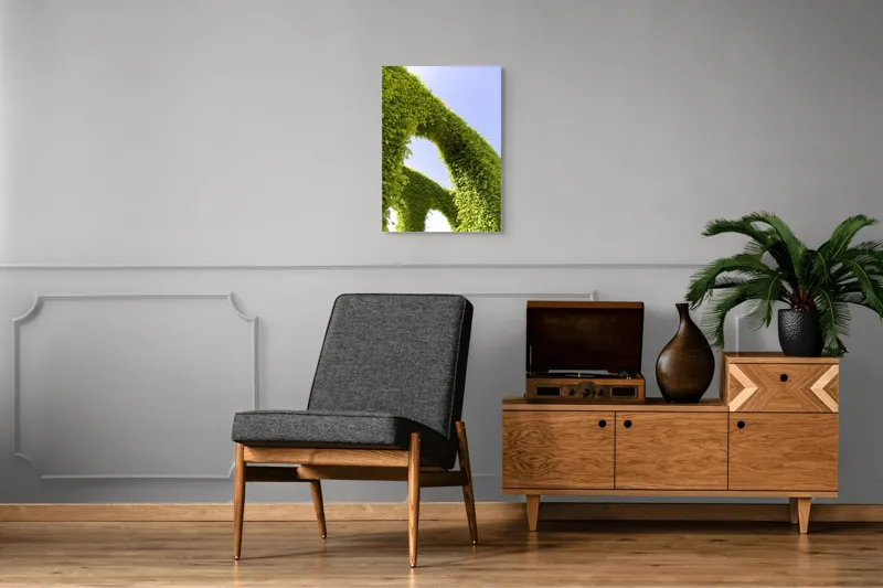 Tablou Canvas, "Arcadă de frunze spre cer senin", Verde, Arcadă, Cer, Frunziș, Natură, Lumină, Vară, 50 x 70 cm – poza 8