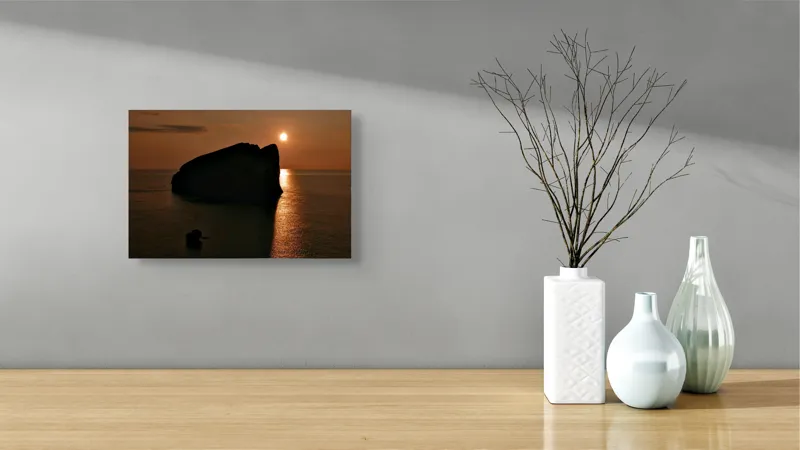 Tablou Canvas, "Silhouette sub apus de soare oceanic", Solitudine, Serenitate, Strălucire, Siluetă, Stâncă, Soare, Sacralitate, Sunet, Sclipire, Scufundare, 39 x 26 cm – poza 8