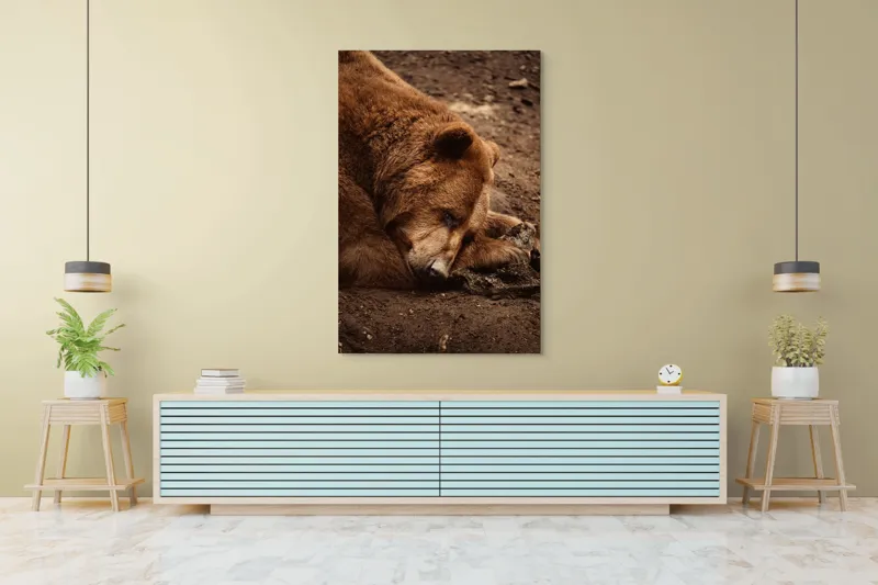 Tablou Canvas, "Ursul în somnul liniștit al pădurii", Ascuns, Blană, Pământ, Odihnă, Urs, Maro, Tihnă, Natură, 100 x 150 cm – poza 4