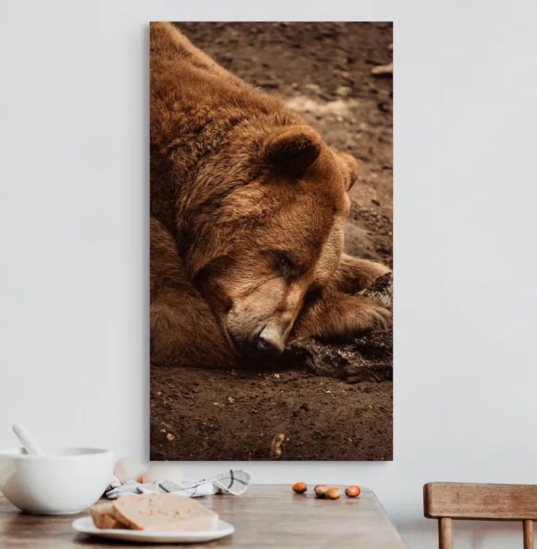 Tablou Canvas, "Ursul în somnul liniștit al pădurii", Ascuns, Blană, Pământ, Odihnă, Urs, Maro, Tihnă, Natură, 50 x 90 cm – poza 3