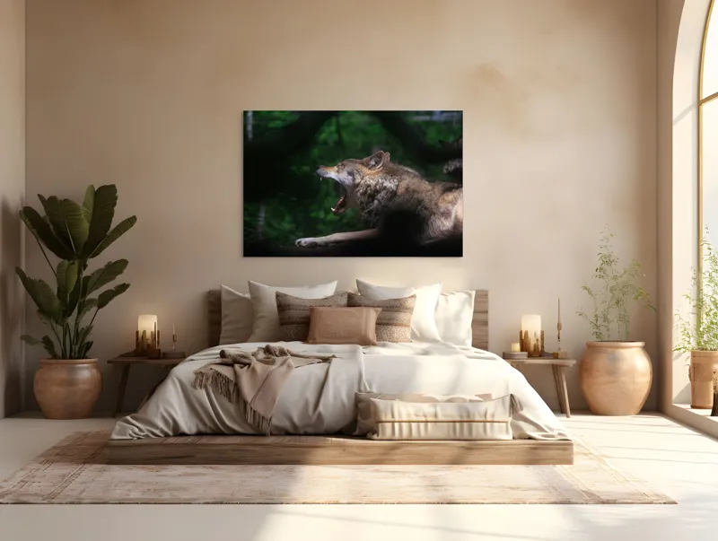 Tablou Canvas, "Lup în sălbăticie căscând liniștit", Lup, Codru, Noapte, Tăcere, Pradă, Frumusețe, Forță, Instinct, Vânătoare, Singurătate, 150 x 100 cm – poza 4