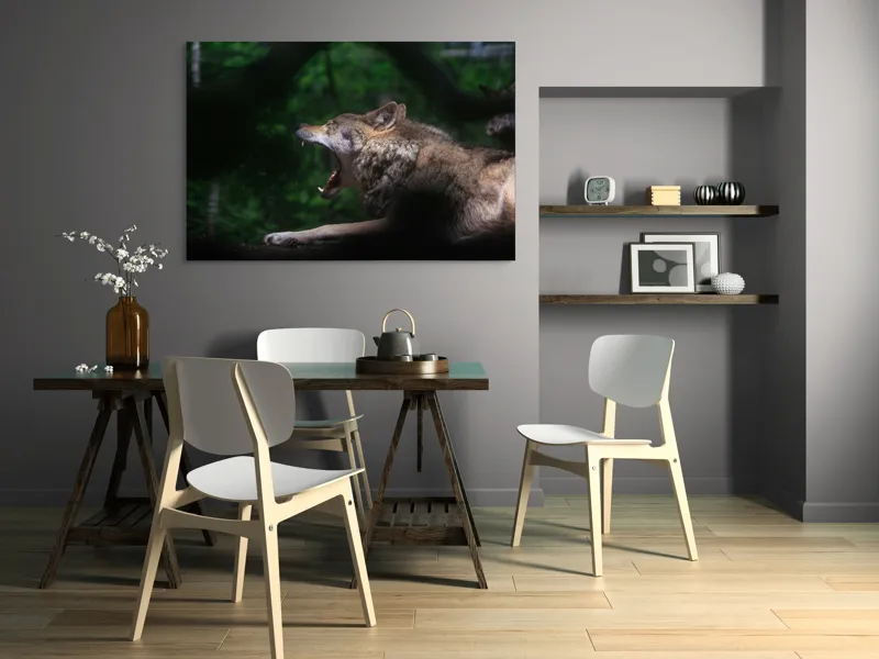 Tablou Canvas, "Lup în sălbăticie căscând liniștit", Lup, Codru, Noapte, Tăcere, Pradă, Frumusețe, Forță, Instinct, Vânătoare, Singurătate, 150 x 100 cm – poza 5