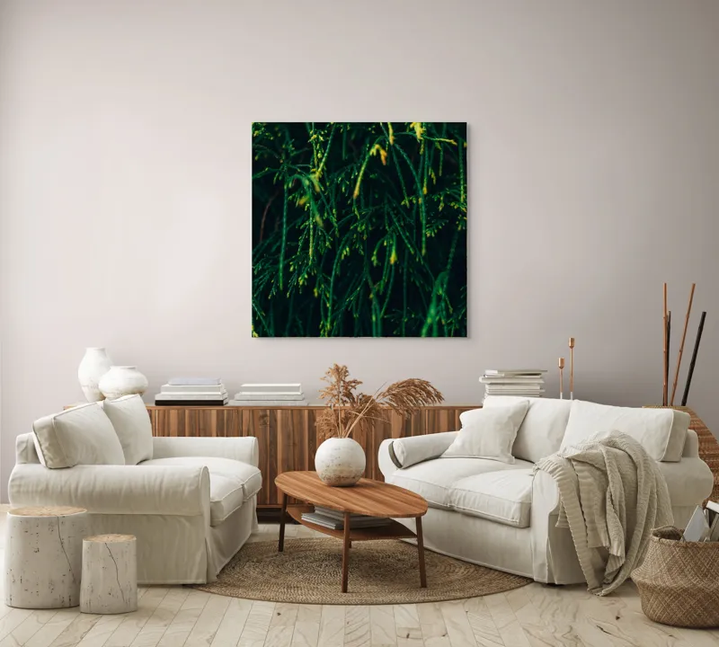 Tablou Canvas, "Frumusețea verde a naturii ascunse", Verde, Ramuri, Textura, Natura, Frunze, Misterios, Intunecat, Vegetatie, Detalii, Contrast, 100 x 100 cm – poza 3