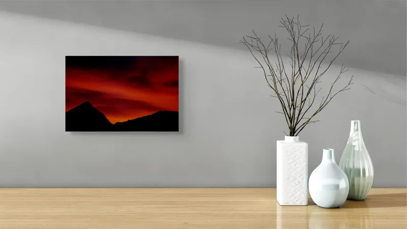 Tablou Canvas, "Apus mistic peste munții întunecați", Munți, Siluetă, Cer, Apus, Portocaliu, Roșu, Întunecat, Noapte, Vârfuri, Natură, 39 x 26 cm – poza 8