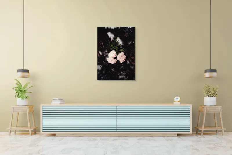 Tablou Canvas, "Flori palide pe pământ umed", Flori, Trandafiri, Petale, Frunze, Contrast, Textură, Eleganță, Delicatețe, Natură, Rafinament, 70 x 100 cm – poza 5