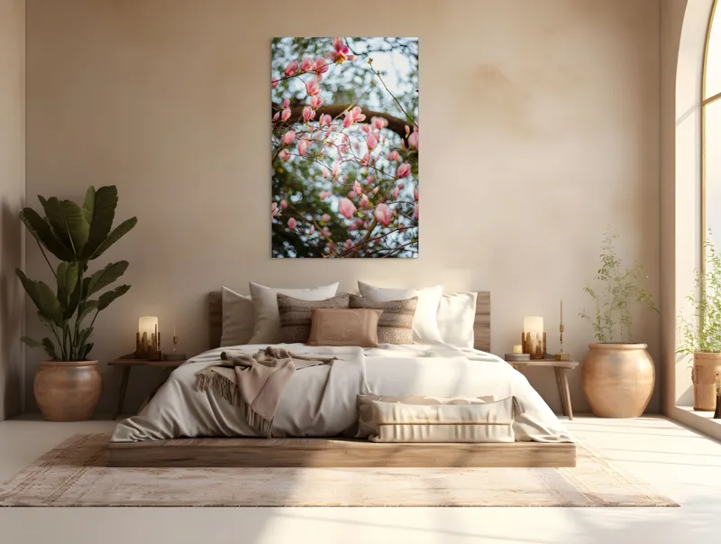 Tablou Canvas, "Magnolii înflorite sub cer senin", Flori, Roz, Ramuri, Primăvară, Cer, Frunziș, Natură, Delicat, Înflorire, Copac., 100 x 150 cm – poza 3