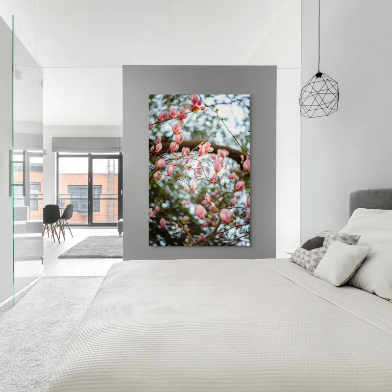 Tablou Canvas, "Magnolii înflorite sub cer senin", Flori, Roz, Ramuri, Primăvară, Cer, Frunziș, Natură, Delicat, Înflorire, Copac., 100 x 150 cm – poza 5