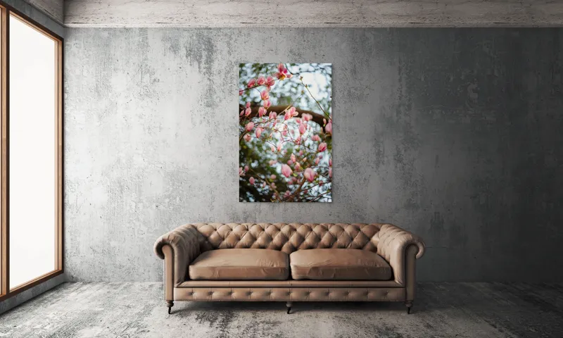 Tablou Canvas, "Magnolii înflorite sub cer senin", Flori, Roz, Ramuri, Primăvară, Cer, Frunziș, Natură, Delicat, Înflorire, Copac., 100 x 150 cm – poza 6