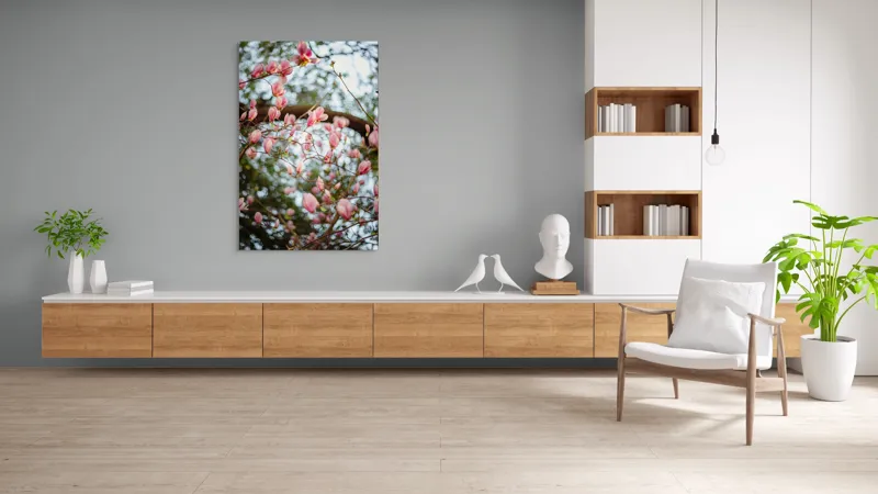 Tablou Canvas, "Magnolii înflorite sub cer senin", Flori, Roz, Ramuri, Primăvară, Cer, Frunziș, Natură, Delicat, Înflorire, Copac., 100 x 150 cm – poza 8