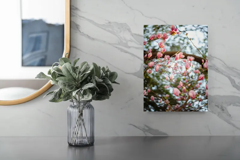 Tablou Canvas, "Magnolii înflorite sub cer senin", Flori, Roz, Ramuri, Primăvară, Cer, Frunziș, Natură, Delicat, Înflorire, Copac., 26 x 39 cm – poza 4
