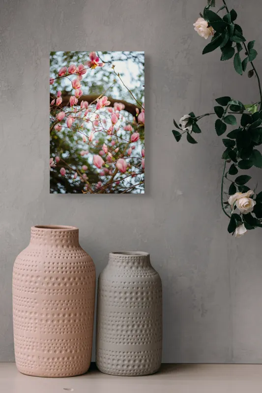 Tablou Canvas, "Magnolii înflorite sub cer senin", Flori, Roz, Ramuri, Primăvară, Cer, Frunziș, Natură, Delicat, Înflorire, Copac., 26 x 39 cm – poza 6