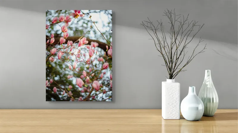 Tablou Canvas, "Magnolii înflorite sub cer senin", Flori, Roz, Ramuri, Primăvară, Cer, Frunziș, Natură, Delicat, Înflorire, Copac., 39 x 54 cm – poza 4