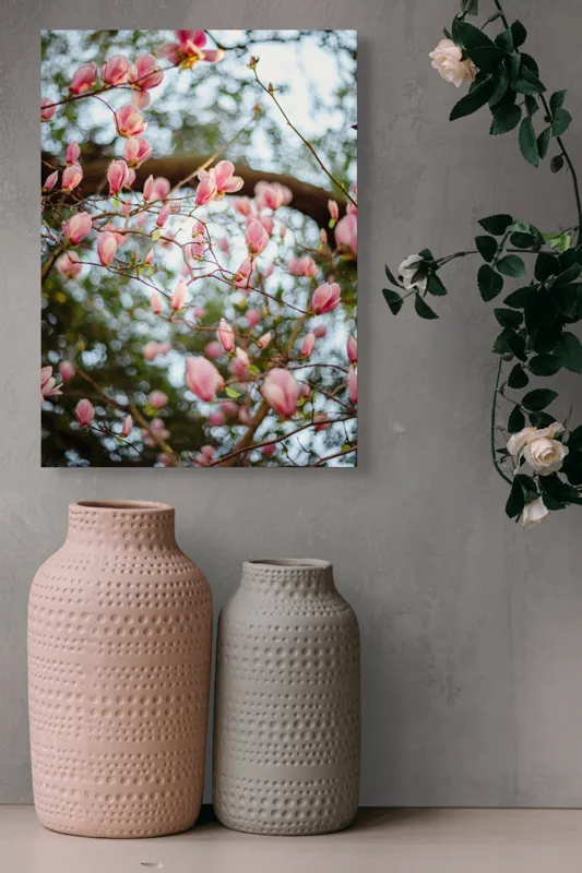 Tablou Canvas, "Magnolii înflorite sub cer senin", Flori, Roz, Ramuri, Primăvară, Cer, Frunziș, Natură, Delicat, Înflorire, Copac., 39 x 54 cm – poza 6