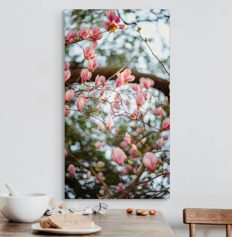 Tablou Canvas, "Magnolii înflorite sub cer senin", Flori, Roz, Ramuri, Primăvară, Cer, Frunziș, Natură, Delicat, Înflorire, Copac., 50 x 90 cm – poza 3