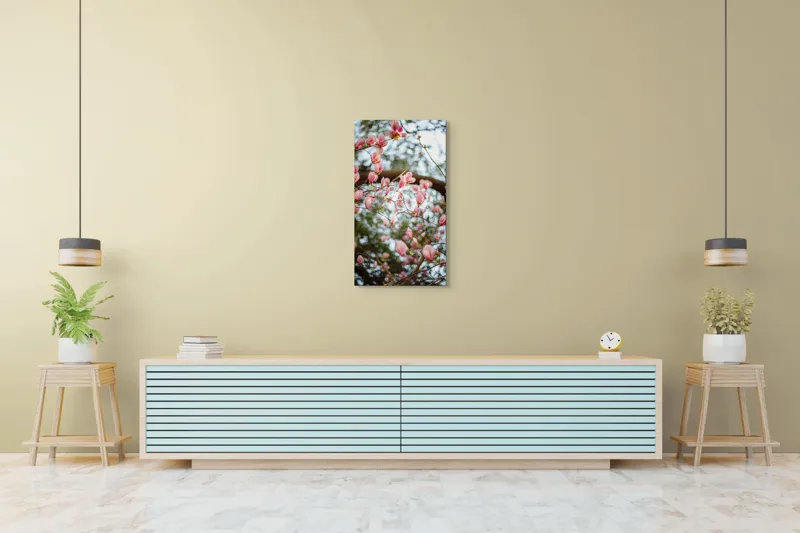 Tablou Canvas, "Magnolii înflorite sub cer senin", Flori, Roz, Ramuri, Primăvară, Cer, Frunziș, Natură, Delicat, Înflorire, Copac., 50 x 90 cm – poza 6