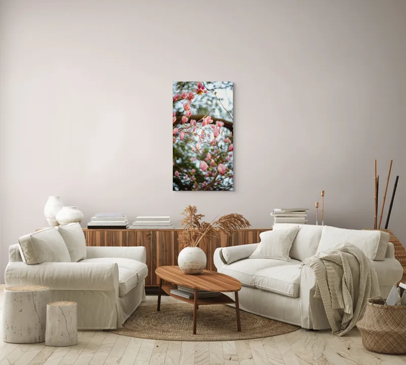 Tablou Canvas, "Magnolii înflorite sub cer senin", Flori, Roz, Ramuri, Primăvară, Cer, Frunziș, Natură, Delicat, Înflorire, Copac., 50 x 90 cm – poza 7