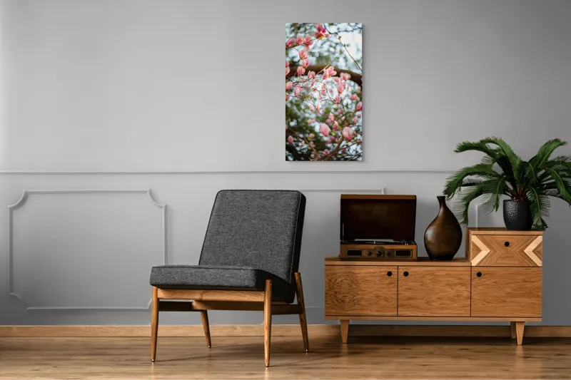 Tablou Canvas, "Magnolii înflorite sub cer senin", Flori, Roz, Ramuri, Primăvară, Cer, Frunziș, Natură, Delicat, Înflorire, Copac., 50 x 90 cm – poza 8