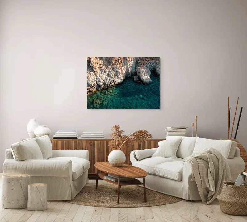 Tablou Canvas, "Stânci și ape cristaline la mal", Roci, Apă, Albastru, Texturi, Stânci, Natură, Lumină, Contrast, Claritate, Adâncime, 100 x 70 cm – poza 3