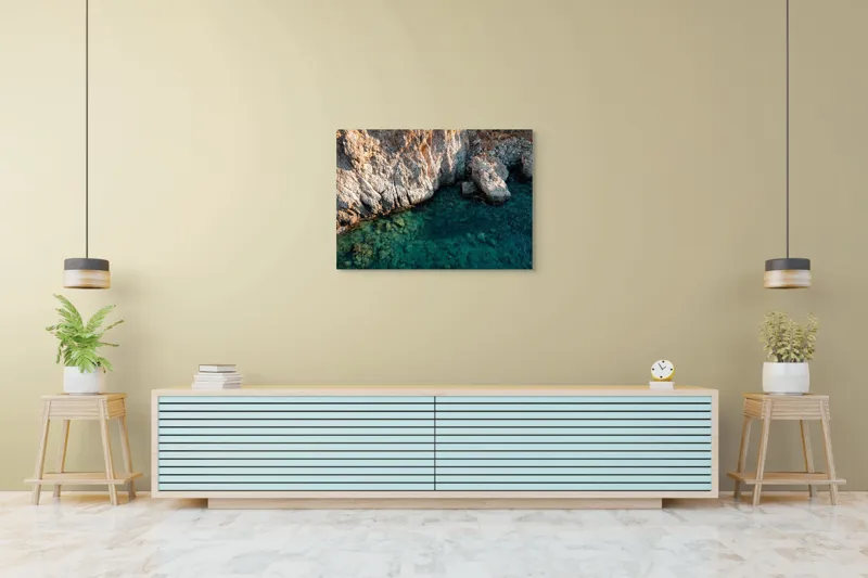 Tablou Canvas, "Stânci și ape cristaline la mal", Roci, Apă, Albastru, Texturi, Stânci, Natură, Lumină, Contrast, Claritate, Adâncime, 100 x 70 cm – poza 4