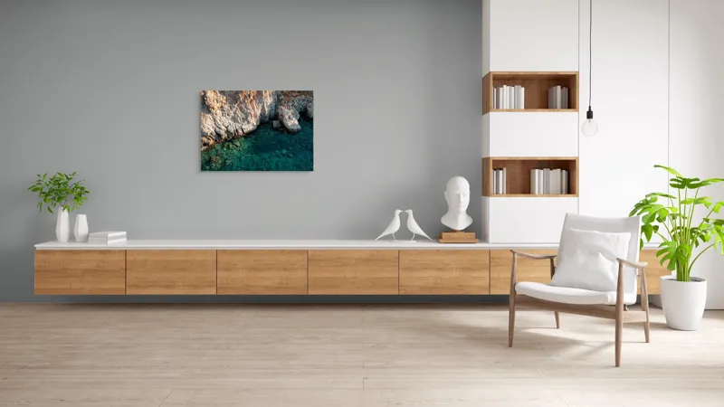 Tablou Canvas, "Stânci și ape cristaline la mal", Roci, Apă, Albastru, Texturi, Stânci, Natură, Lumină, Contrast, Claritate, Adâncime, 100 x 70 cm – poza 6