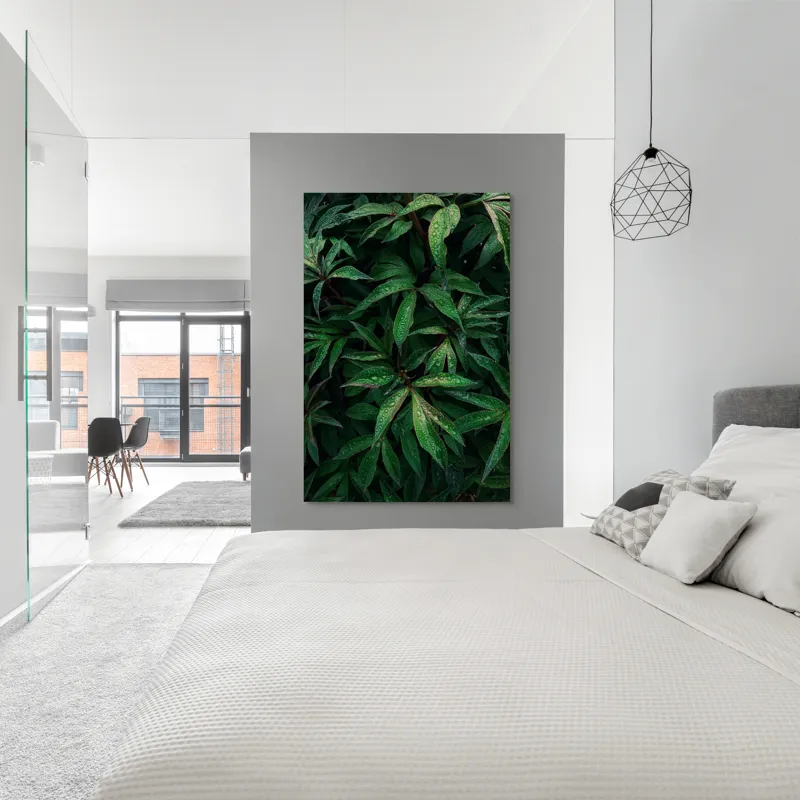 Tablou Canvas, "Frumusețea ploii printre frunze verzi", Frunze, Verde, Picături, Plante, Natură, Prospețime, Abundență, Textură, Viu, Lucios, 100 x 150 cm – poza 5