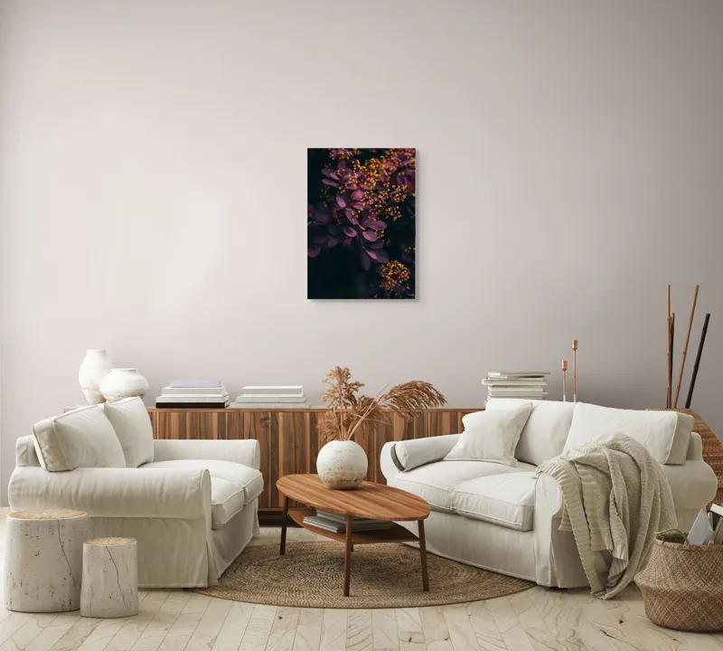 Tablou Canvas, "Dansul florilor de toamnă misterioasă", Frunziș, Purpuriu, Flori, Mici, Galbene, Ramuri, Armonie, Contrast., 50 x 70 cm – poza 4