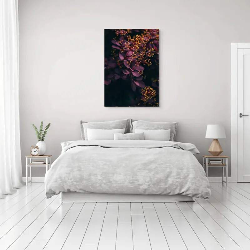 Tablou Canvas, "Dansul florilor de toamnă misterioasă", Frunziș, Purpuriu, Flori, Mici, Galbene, Ramuri, Armonie, Contrast., 70 x 100 cm – poza 3