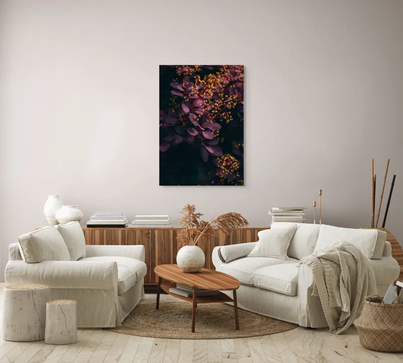 Tablou Canvas, "Dansul florilor de toamnă misterioasă", Frunziș, Purpuriu, Flori, Mici, Galbene, Ramuri, Armonie, Contrast., 70 x 100 cm – poza 4